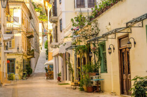 Nafplio One,Of,The,Narrow,Cobblestone,Alleys,With,The,Neoclassical,Well
